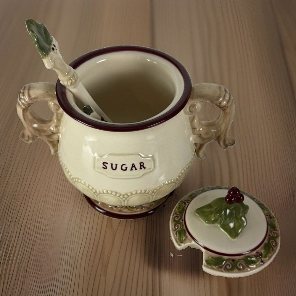 Grasslands Road Christmas Holly Ceramic Sugar Bowl With Lid And Spoon Preowned